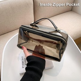 EURYNOME Clear Makeup Organizer Bag Semi Transparent Travel Makeup Bag Leather Handle Clear Cosmetic Bag with Zipper