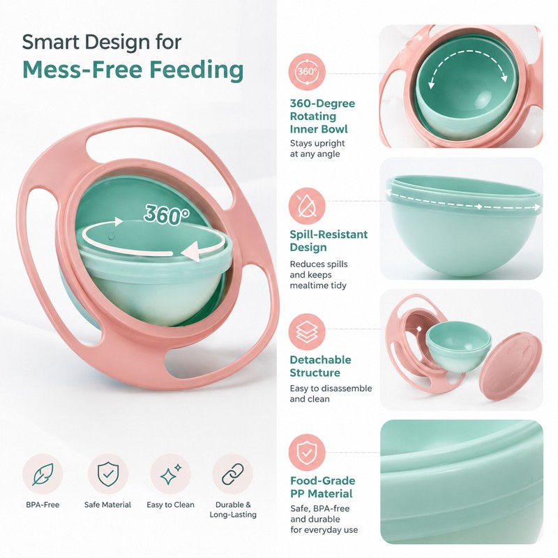 360° Rotating Gyro Snack Bowl for Kids – Spill-Resistant PP