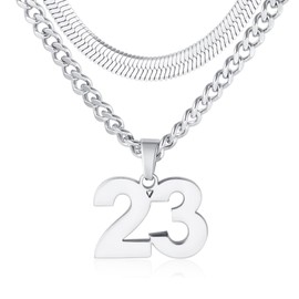 KLIFOWDY Number Necklace, Layered Necklace for Men, Number Necklace for Boy Athlete, 18+20 In Silver Chain for Men With Number 23 Pendant, Basketball Football Baseball Number Necklaces For Boys