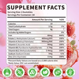 Iron Supplement Gummies for Women & Men, Vegan Iron Gummies with Vitamin C, A, B-Complex, Folate, Zinc for Blood Building & Energy Support, Strawberry Flavor, 60 Count