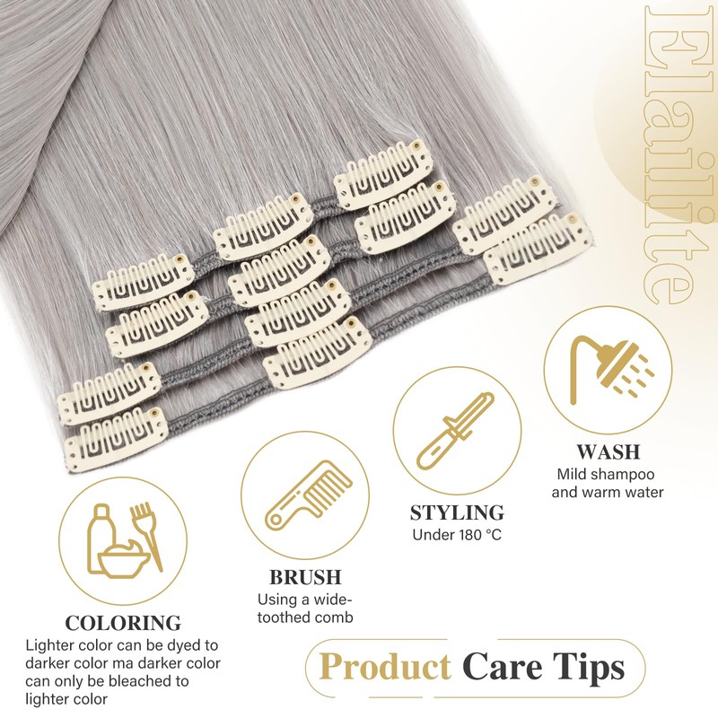 Elailite Real Hair Clip-In Extensions, 8 Wefts, Grey, Straight, Real