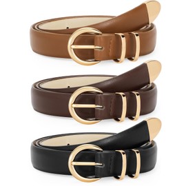 LEACOOLKEY 3 Pieces Women's Skinny Leather Belt for Jeans Dress Women Vintage Waist Belt with Gold Silver Buckle, D-Black+Brown+Coffee(Shiny Gold)