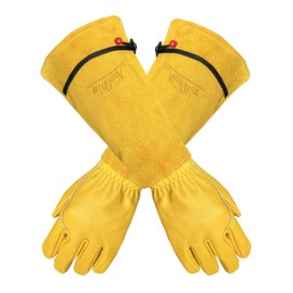 Nuo Wen Heavy Duty Long Leather Garden Gloves Thorn and Cut Proof Garden Work Gloves (Yellow 2, Small)