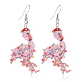 Cute Pink Flamingo Christmas Drop Dangle Statement Earrings for Women Acrylic Glitter Sequin Animal Santa Hat Colorful Bulbs Hook Hoop Earring Dainty Holiday Festival Jewelry Gifts Xmas Ornament