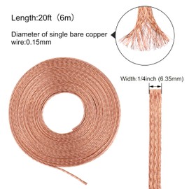 20FT Flat Copper Braid Cable, KWOKWEI 1/4" Braided Copper Ground Strap, Ground Lead Bare Flexible Spiral Shielding Wire Mesh for grounding and bonding
