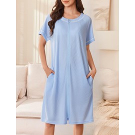 Ekouaer Women Zipper Robe Short Waffle Knit Bathrobe Lightweight Housecoat Soft Knee Length Loungewear with Pockets Light Blue, M