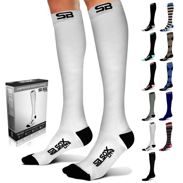 SB SOX Lite Compression Socks (15-20mmHg) for Men & Women – Best Socks for All Day Wear! (White/Black, S/M)