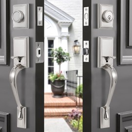 GUA OYH Double Door Handleset for Entryway Satin Nickel Front Door Handle Keyed Dummy Door Lock Set with Handle Lever for Front Door or Office Door, Satin Nickel (for Double Door) (L361516-S-S117)