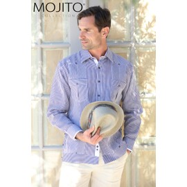 Mojito Men’s 100% Linen Long Sleeve Guayabera – Contrast Panel & Tonal Pleats M/Navy