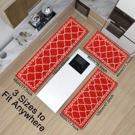 Kitchen mats for Floor 3 Piece Set,Soft Comfort Kitchen Runner Rugs Non Skid Washable,Farmhouse Kitchen mats for Floor Sets,Kitchen Area Rug Floor Mat for Bathroom Entryway Indoor Door (Red)