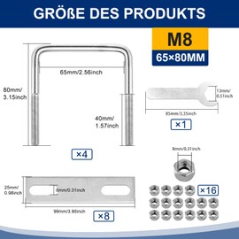 U-bolt with thread M8 square U shackle 65 mm x 80 mm U-bolt 4 pieces with 16 nuts and 8 counter plate U screws U-bolts for towing cars ships repair (M8 65 x 80 mm)