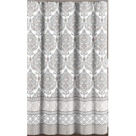 Grey Taupe White Fabric Shower Curtain: Floral Damask with Geometric Border Design