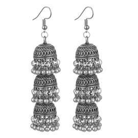 Elegant Triple Jhumki Bell Beaded Long Tassel Dangle Earrings for Women Girls Fashion Bohemian Vintage Indian Chandelier Hook Large Statement Drop Earring Dangling Traditional Jewelry Gifts (Silvery)