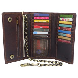 CAZORO Bikers RFID safe Cow Leather Crazy Horse Brown Long Checkbook Trifold Chain Wallet for Men Vintage Texture style