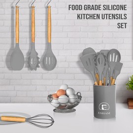 33-piece silicone kitchen utensil set with wooden handles and a utensil holder. Includes spatulas, tongs, whisks, measuring cups, and more. Non-stick, heat-resistant (up to 446°F), BPA-free.[KHAKI].