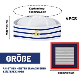 YEWCEP Sailor Hat, 4-Piece Set with 2 Stripes Sailor Hat and 2 Scarf Stripes, Sailor Costume Sailor Hat Scarf for Costume Parties, Cosplay and Theme Events