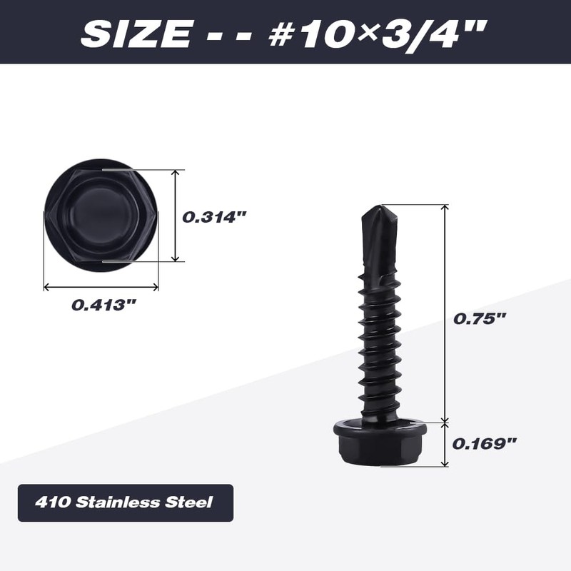 #10 x 3/4" (100 pcs) Black Hex Washer Head Self