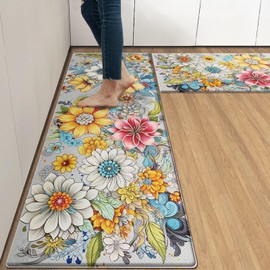 Arttown Anti-Fatigue Kitchen Rug Set of 2 Colorful Boho Floral Mandala Cushioned Kitchen Floor Mat, Standing Mat Waterproof Non-Slip Kitchen Mats and Rugs PVC Ergonomic Comfort Foam Rug for Kitchen