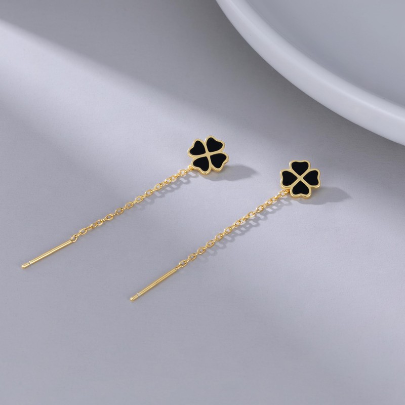 Reffeer Solid 925 Sterling Silver Leaf Clover Dangle Earrings Chain