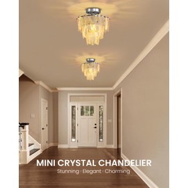 CROSSIO Modern Mini Hallway Chandelier, Small Crystal Chandeliers Ceiling Lights, Flush Mount Ceiling Light Fixture for Closet Bedroom Girls Room, Chrome, E26