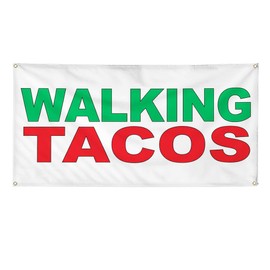 Vinyl Banner Multiple Sizes Walking Tacos Green Red Food Bar Restaurant Truck Food & Beverage Outdoor Weatherproof Industrial Yard Signs 4 Grommets 24x36Inches
