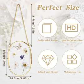 2 PCS Pressed Flower Frame, Double Glass Frame for Pressed Flowers Gold Brass Hanging Picture Frames with Chain, Floating Plant Picture Frame for Artwork Dried Plant Wall Decor DIY (5.90 x 4.02 Inch)