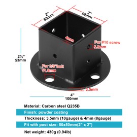 OTTFF 4 Pack 2" x 2" Black Square Post Flange Base Anchor, Deck Fence Rail Floor Mount Bracket,10 Gauge