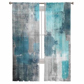 Turquoise Blue Grey Sheer Curtains 72 Inch Length 2 Panels Set for Living Room/Bedroom, Teal Abstract Art Painting Semi Curtain Sheers Drapes Rod Pocket Curtains Window Treatment Set