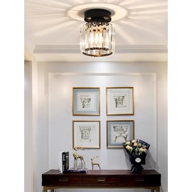 YHTlaeh Close to Ceiling Light Fixtures Mini Crystal Flush Mount Ceiling Light Chandelier Modern Indoor with E26 Base Hallway Bedroom Bathroom Entryway Kitchen (Black, 5.9in Round)