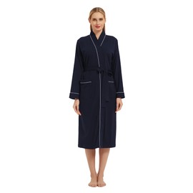 Honypove 100% Cotton Robes for Women Long Sleeve Lightweight Soft Knit Womens Bathrobe Sleepwear Ladies Nightwear Loungewear (Navy, M)