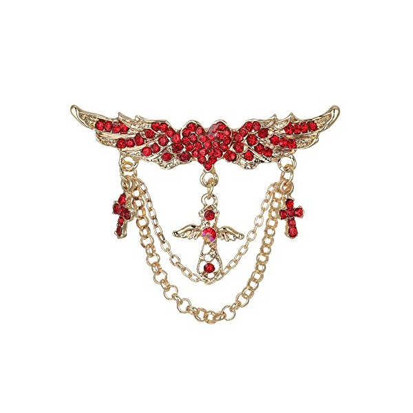 Flyonce Angel Wings Cross Brooch with Layers Tassel Chain, Rhinestone