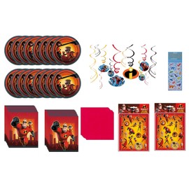 The Incredibles Birthday Party Supplies Bundle Pack includes 16 Dessert Plates, 16 Red Napkins, 12 Piece Hanging Swirl Decoration, 16 Loot Bags, 8 Stickers Sheets, 1 Dinosaur Sticker