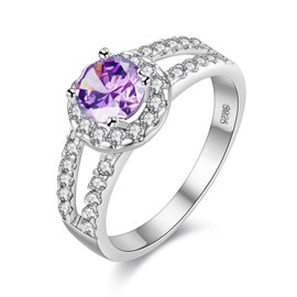 Uloveido Women White Gold Plated Round Cut Purple Stone Rings Split Shank February Birthstone Ring Gifts (Purple, Size Q) J510