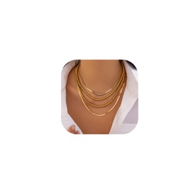 4Pcs Silver/Gold Plate Chain Necklace for Women Metal Multi Layered Beaded Tassel Twisted Flat Chain Necklace Thin Bead Clavicle Chest Body Jewelry, Medium, Metal, No Gemstone