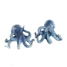 Deco 79 Polystone Octopus Decorative Sculpture Small Distressed Home Decor Statues, Set of 2 Accent Figurines 6"W, 4"H, Dark Blue