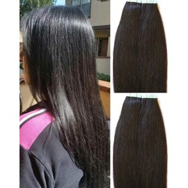 Hair Faux You 20 inch Tape in Hair Extensions Real Human Hair, 100g,40pcs, Glue in Extensions, Silky Straight Remy Hair Color #1B Off Black