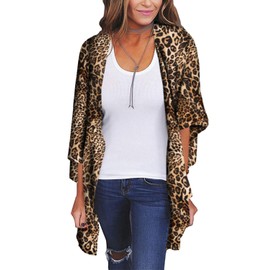Women's Leopard Print Kimono Cardigan Animal Tops Cheetah Cover Ups Summer Beach Chiffon Sheer Shirts Plus Size L