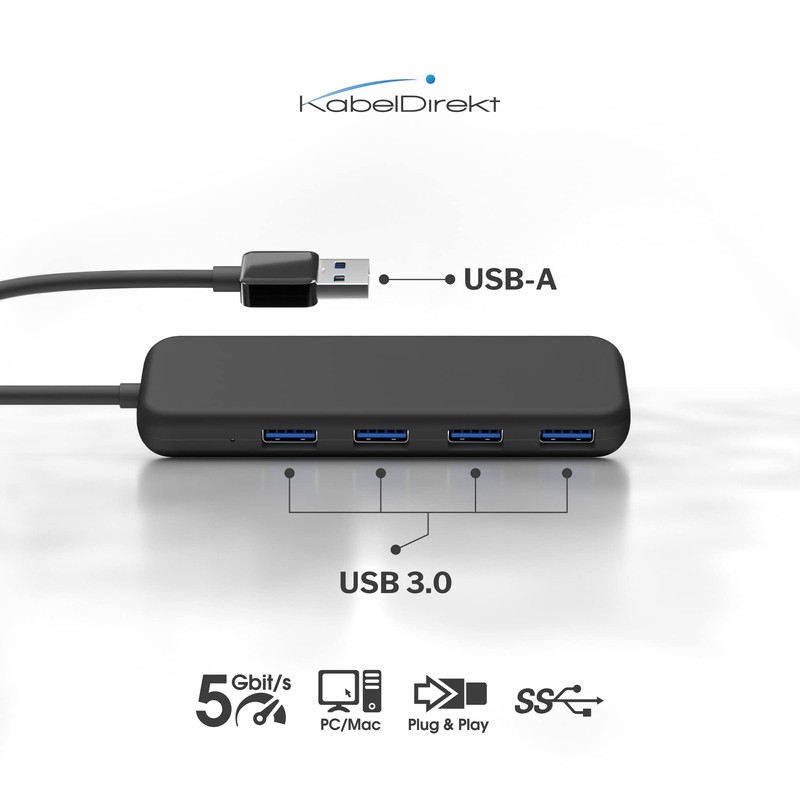 KabelDirekt – USB-3.0-Hub 4-Port (Slim-Design, Plug & Play an PC/Notebook/Mac,