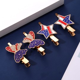 5th of July Patriotic Hair Clips Rhinestone American Flag Star Heart Bows Alligator Metal Clips Crystal Red White and Blue USA Independence Day Hairpins Hair Accessories for Women Girl