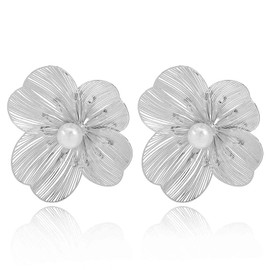 Aksod Large Flower Earrings Gold Statement Floral Earrings Studs Exaggerated Hollow Petal Metallic Earrings Jewelry for Women (Silver)
