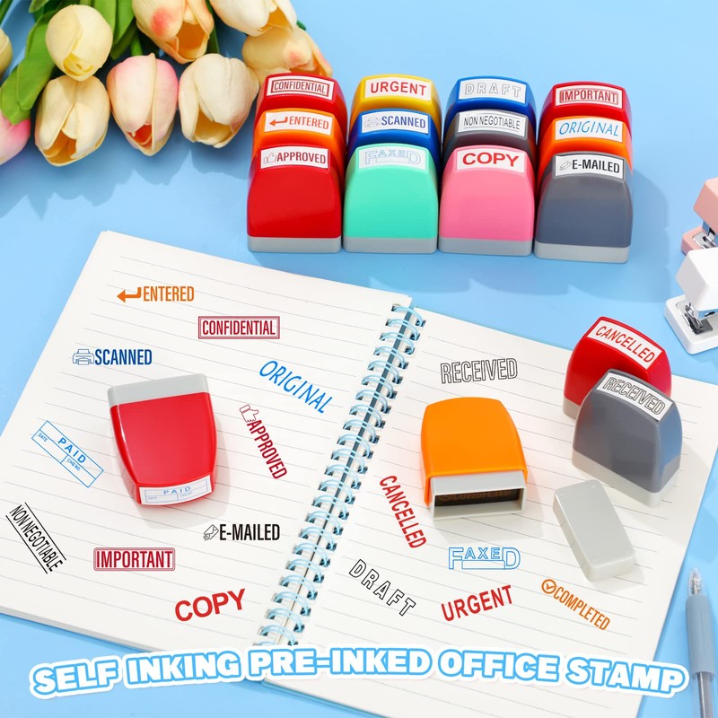 Crtiin 16 Pcs Office Stamp Set Message Self Inking Rubber