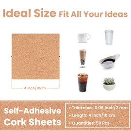 KITLAB 50 Pcs 2mm Self-Adhesive Cork Sheets for DIY Coasters, 4 Inch Thick Square Backing Cork Tiles Mat with Strong Adhesive-Backed for DIY Crafts Adhesive Cork Board, YY033