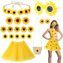Pack of 18 Sunflower Costume for Women, Carnival Flower Costume with Yellow Tutu Skirt, Sunflower Shoulder Bag, Headband, Glasses, Earrings, Accessories for Fancy Dress, Cosplay, Theme Party