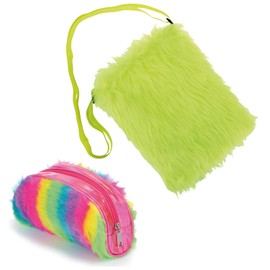 com-four® 2 Piece Plush Bag Set - Shoulder Bag & Cosmetic Bag with Faux Fur - Handbag with Zipper and Shoulder Strap - Makeup Bag (Bag + Makeup Bag)