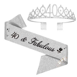 40th Birthday Sash and Tiara, 40 Birthday Rhinestone Crown Birthday Gift for Women 40th birthday decorations Silver (Silver)