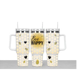BEE Happy Large Unisex 40oz Stainless Steel Travel Cup Tumbler Gift with Carry Handle, Lid and Straw