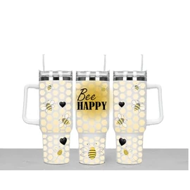 BEE Happy Large Unisex 40oz Stainless Steel Travel Cup Tumbler Gift with Carry Handle, Lid and Straw