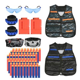 TIMESETL 2 Set Tactical Vest Jacket Kit for Children, Nerf N-Strike Elite Set, 2 Battle Vest, Nerf Accessory Set with 80 Darts + 2 Quick Charging Clips + 2 Goggles + 2 Masks + 2 Bracelets