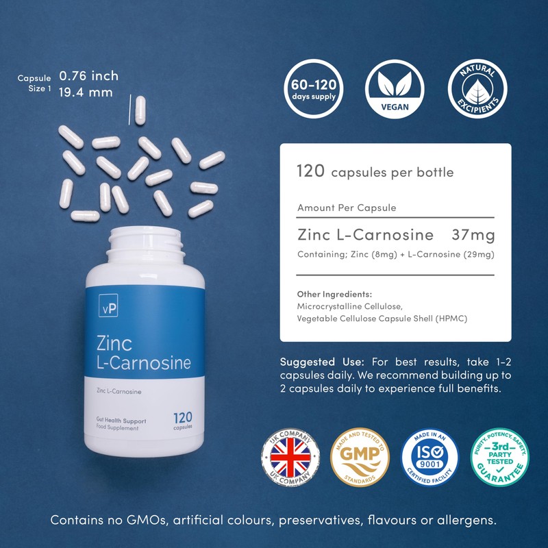 Zinc L-Carnosine 37mg x 120 Capsules - Over 99% Purity