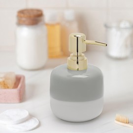 Asashizen Ceramic Soap Dispenser Grey and White Two Tone with Gold Pump Simple Design Cylindrical Lotion Dispenser Bottle Refillable Liquid for Kitchen Bathroom Washroom